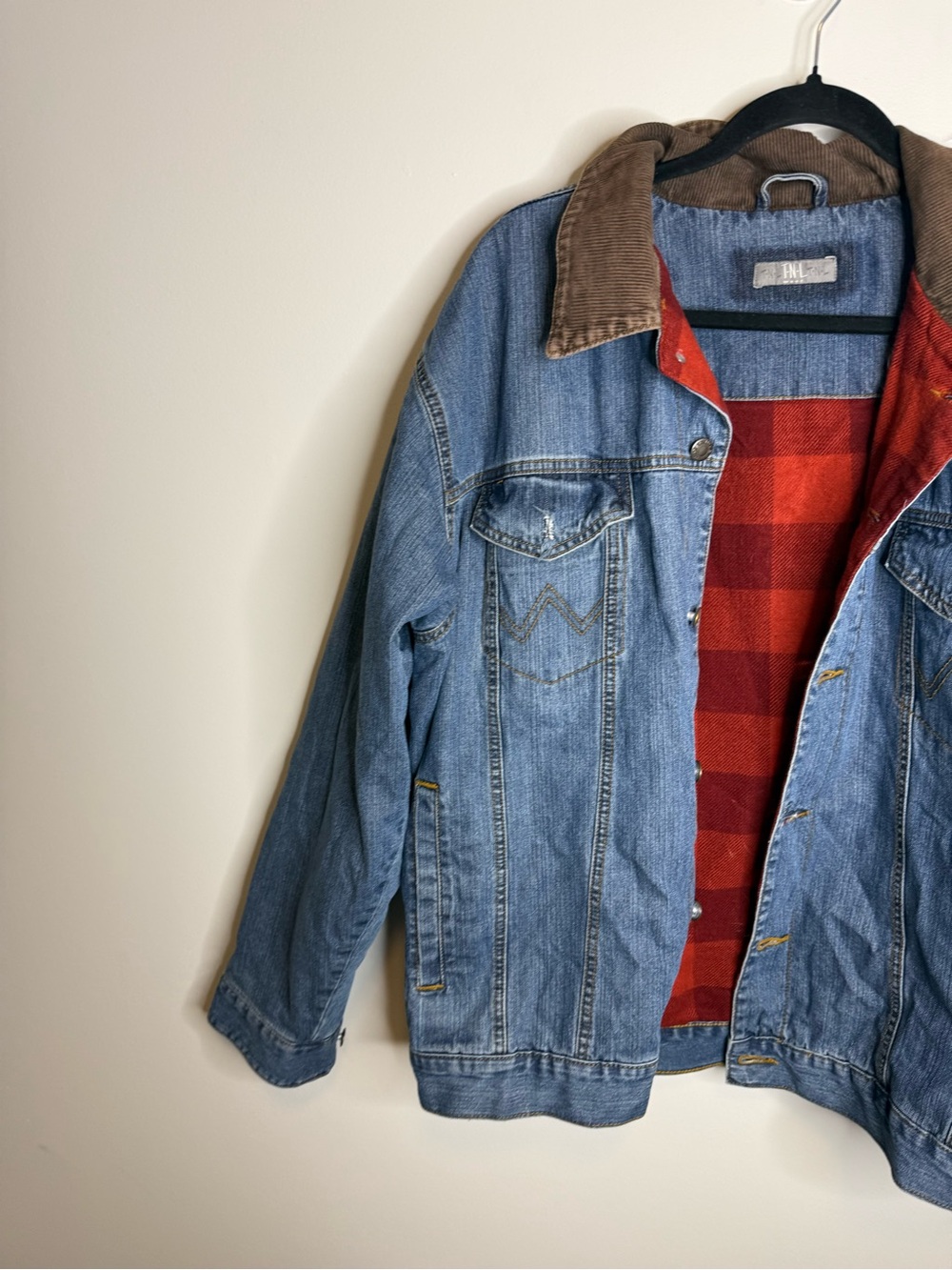 Wrangler Blue Denim Jacket with Brown Corduroy Collar and Red Plaid Lining large - Picture 2 of 8